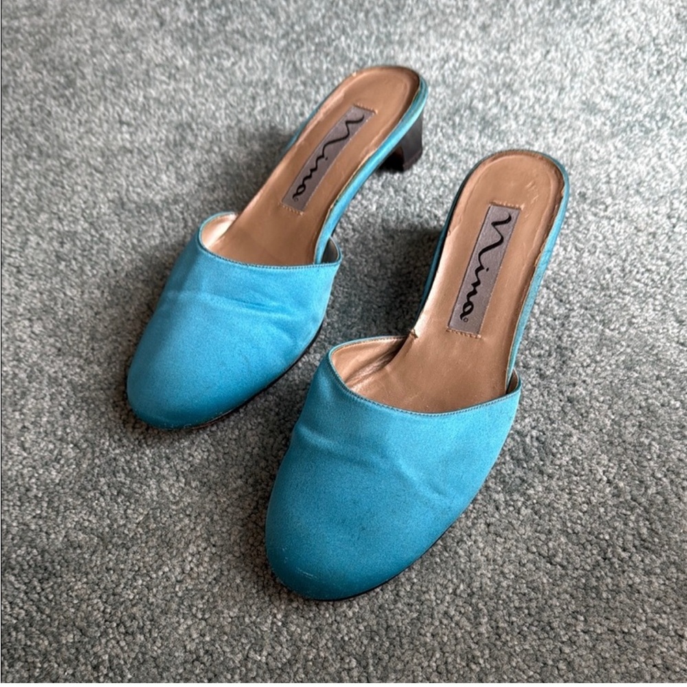90’s Vintage Nina Turquoise Blue Satin Mules Slip-On Shoes